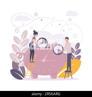 Gestion du temps. Les gens mettent des montres dans une banque de pigey. Illustration vectorielle Illustration de Vecteur