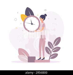 Gestion du temps. Illustration d'une femme tenant une horloge dans ses mains avec un cadran, sur le fond un engrenage, sablier, feuilles, branche Illustration de Vecteur