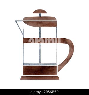 Illustration aquarelle dessinée à la main. Cafetière/théière en verre et cafetière à piston, marron foncé. Objet isolé sur fond blanc Banque D'Images