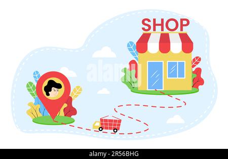 Illustration de la livraison. Livraison de marchandises. Le magasin, à partir duquel le chemin avec une ligne pointillée à l'icône d'emplacement avec l'image d'une personne, sur le chemin A. Illustration de Vecteur