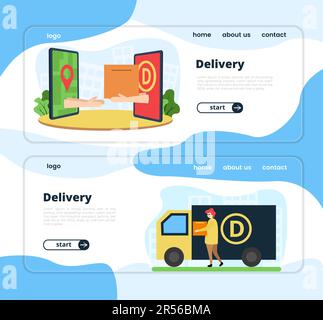 Ensemble d'illustrations de la bannière de livraison. Illustration d'une main d'un smartphone avec une icône de livraison qui remet un paquet à une main à partir d'un smartphone Illustration de Vecteur