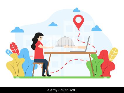 Illustration de la livraison. Livraison de nourriture. Une femme s'assoit à une table, sur elle à partir d'un ordinateur portable mains donner un plateau avec un couvercle de dôme, sur le fond de la Illustration de Vecteur