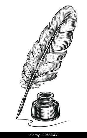 Stylo à trempette Inkwell et plume en forme de quill, avec un style de gravure vintage. Illustration vectorielle d'esquisse dessinée à la main Illustration de Vecteur