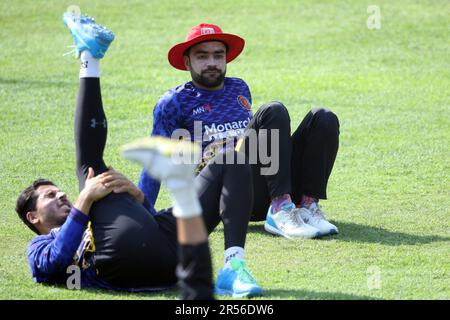 Rashid Khan, joueur de star de l'Afghanistan pendant la séance d'entraînement au stade national de cricket Sher-e-Bangla, Mirpur, Dhaka, Bangladesh. Banque D'Images