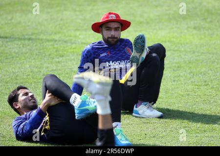 Rashid Khan, joueur de star de l'Afghanistan pendant la séance d'entraînement au stade national de cricket Sher-e-Bangla, Mirpur, Dhaka, Bangladesh. Banque D'Images