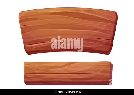 set bois planche, cadre jeu ui actif morceau de tableau texturé, bouton dans le style de dessin animé isolé sur fond blanc. cadre de massage, décoration. Illustration du vecteur d'interface utilisateur de jeu Illustration de Vecteur