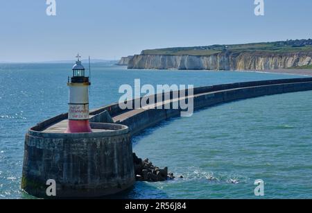 L'entrée du port de Newhaven, East Sussex, Royaume-Uni et son brise-lames et son phare. Ciel bleu clair et eau avec des falaises blanches en arrière-plan. Banque D'Images