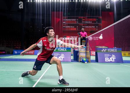 Bangkok, Thaïlande. 01st juin 2023. Weng Hong Yang de Chine joue contre Kiran George de l'Inde pendant le single de Badminton Men dans la Thaïlande Open 2023 au stade intérieur de Huamark. Kiran George a gagné Weng Hong Yang 2:0(21:11, 21:19) Credit: SOPA Images Limited/Alay Live News Banque D'Images