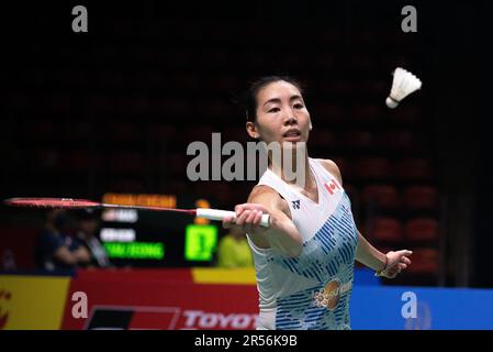 Michelle Li du Canada joue contre Wang Zhi Yi de la Chine pendant le single de Badminton Women au Thailand Open 2023 au stade intérieur de Huamark. Michelle Li a gagné Wang Zhi Yi 2-0 (22:20,21:17) (photo de Peerapon Boonyakiat / SOPA Images/Sipa USA) Banque D'Images