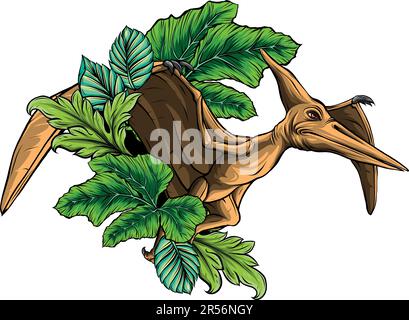 Illustration vectorielle du ptérodactyle de Dinosaur avec les feuilles Illustration de Vecteur