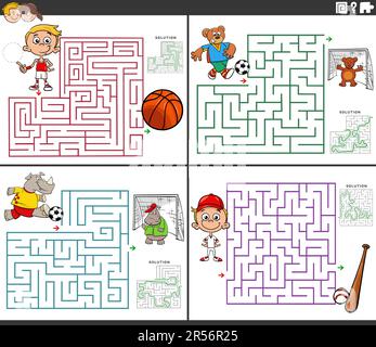 Illustration de dessins animés de jeux éducatifs de puzzle de labyrinthe avec des garçons et des animaux avec l'équipement de sport Illustration de Vecteur