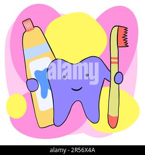 Illustration dessinée à la main de dents mignonnes, dessin de dentiste pour enfants. Drôle de chacter en bleu rose, hygiène dentaire médecine de soins de santé, bonne bouche de dessin animé Banque D'Images