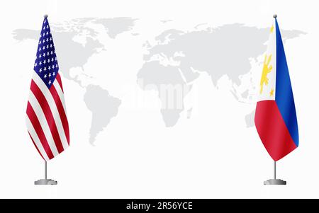 Drapeaux des États-Unis et des Philippines pour une réunion officielle sur fond de carte du monde. Illustration de Vecteur
