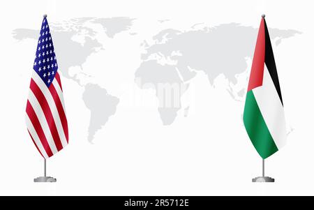 Drapeaux des Etats-Unis et de la Palestine pour une réunion officielle sur fond de carte du monde. Illustration de Vecteur