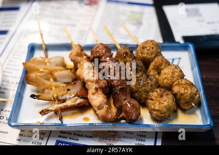 Yakitori de carlabour, cuisse de poulet, gésiers et boulettes de viande sur une plaque rectangulaire. Banque D'Images