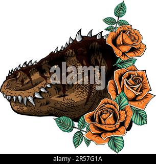 Dinosaurus tyrannosaurus tête rex. Cadre de dinosaure et de roses. Illustration de Vecteur