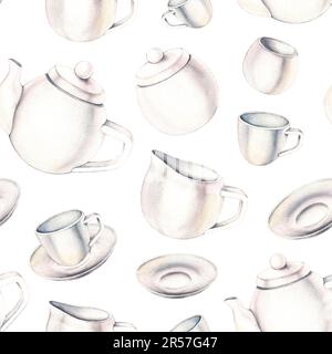 Set de thé aquarelle de thé blanc, motif sans coutures. Set de thé isolé sur fond blanc pour la conception textile, tissus, papier peint, emballage, Banque D'Images