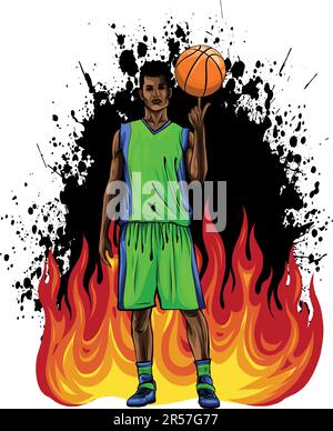Illustration vectorielle d'un joueur de basket-ball avec des flammes Illustration de Vecteur