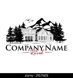 Logo Retreat. Écologie verte atmosphère naturelle, maison en bois, montagne, et pin Illustration de Vecteur