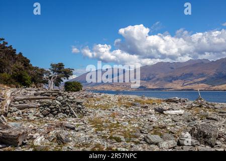 Bois de grève et rochers sur la rive du lac Wanaka Banque D'Images