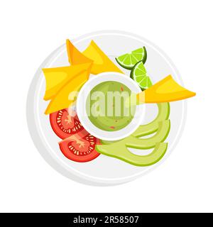 Ingrédients de guacamole avec des chips nachos sur une assiette. Vue de dessus. Recette mexicaine de sauce trempée. Avocat, oignon, lime. Illustration vectorielle en brosse plate tendance. Illustration de Vecteur