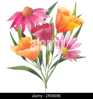 Bouquet avec des coquelicots de californie d'aquarelle orange et des fleurs cosmos isolées sur fond blanc. Illustration peinte à la main avec de l'orange vif Banque D'Images