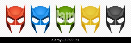 Ensemble de masques Vector Super Hero. Personnage de visage, collection de masques de livres Comic Superhero. Super héros photo accessoires, masques pour femmes et hommes, masque de Carnival Illustration de Vecteur