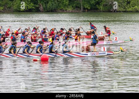 Washington, DC - début d'une course de 200 mètres pendant le festival des bateaux-dragons de DC sur le fleuve Potomac. Le bateau Dragon est un traditionnel chinois vieux de 2300 ans Banque D'Images