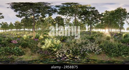 Vue panoramique à 360° de une forêt avec des fleurs sous-poussent au coucher du soleil, image panoramique équirectangulaire à 360°, rendu réaliste 3d