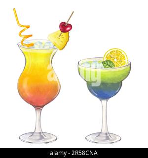 Cocktails orange vert bleu Tequila Sunrise Daiquiri. Citron, glace, menthe, ananas, cerise. Verre de jus ou d'alcool. Illustration aquarelle dessinée à la main Banque D'Images