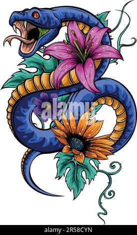 illustration vectorielle du serpent avec fleur et feuilles Illustration de Vecteur