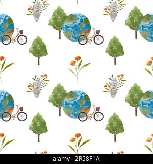 Motif sans couture avec feuilles, planète, panneau de recyclage et inscription sur un thème zéro déchet sur fond blanc. Parfait pour les brochures, les promotions Banque D'Images