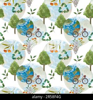 Motif sans couture avec feuilles, planète, panneau de recyclage et inscription sur un thème zéro déchet sur fond blanc. Parfait pour les brochures, les promotions Banque D'Images