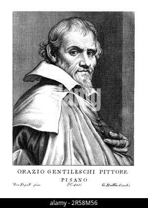 1620 CA , ITALIE : le peintre baroque italien ORAZIO GENTILESCHI ( 1563 - 1639 ), père de la célèbre artiste ARTEMISIA GENTILESCHI ( 1593 - 1655 CA ). Portrait gravé par Giovanni Battista Cecchi , d'un portrait de Sir Anthony Van Dyck , imprimé à la fin du XVIIIe siècle . - RITRATTO - ARTE - ARTS VISUELS - ARTI VISIVE - PITTORE - PITRICE - BAROCCO - BAROCCA - HISTOIRE - FOTO STORICHE - barbe - barba - colletto - collier - ILLUSTRAZIONE - ILLUSTRATION - gravure - incisione --- ARCHIVIO GBB Banque D'Images