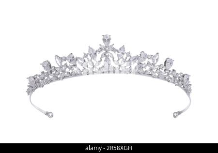 Magnifique tiara d'argent avec diamants isolés sur blanc Banque D'Images