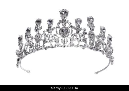 Magnifique tiara d'argent avec diamants isolés sur blanc Banque D'Images