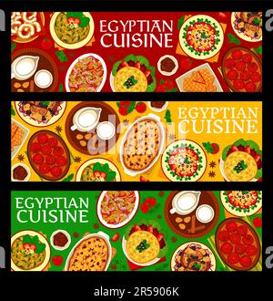 Banderoles horizontales de cuisine égyptienne avec plats et repas traditionnels, Vector. Menu du restaurant de cuisine égyptienne avec déjeuner et dîner traditionnels Illustration de Vecteur