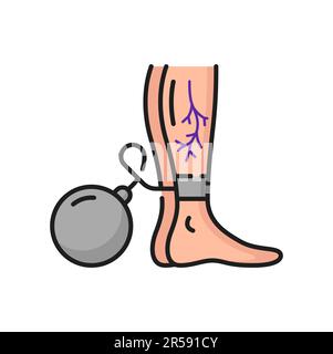 Maladie des varices, dureté et gonflement dans les jambes icône de contour. Vecteur femme thrombose dans les jambes, chaînes avec haltère. Insuffisance veineuse chronique Illustration de Vecteur