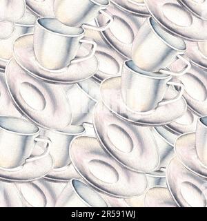 Soucoupe à thé aquarelle, tasse à thé blanche, motif sans couture. Set de thé isolé sur fond blanc pour la conception textile, tissus, papier peint, emballage, Banque D'Images