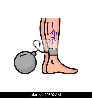 Maladie des varices, dureté et gonflement dans les jambes icône de contour. Vecteur femme thrombose dans les jambes, chaînes avec haltère. Insuffisance veineuse chronique Illustration de Vecteur