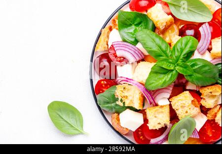 Panzanella salade de légumes italiens avec pain rassis, tomates colorées, fromage mozzarella, oignon, huile d'olive, sel et basilic vert, fond de table blanc Banque D'Images