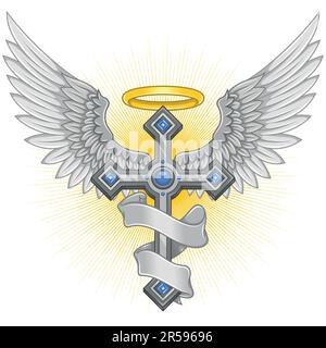 Conception vectorielle de croix ailées avec ruban, croix céleste avec ailes, symbologie chrétienne du paradis Illustration de Vecteur