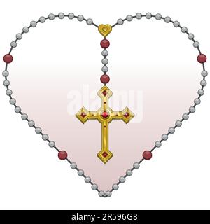 Dessin vectoriel de rosaire en forme de coeur, rosaire avec croix chrétienne, symbole de la religion catholique Illustration de Vecteur