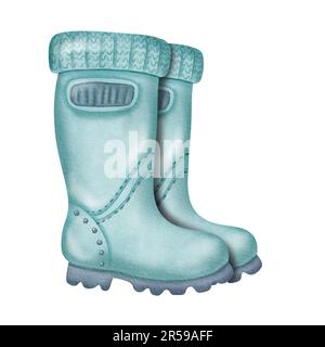 A pair of blue rubber boots with a twist Hand drawn pastel digital watercolor paint sketch. Kids boots for boys and girls. Close up isolated element Banque D'Images