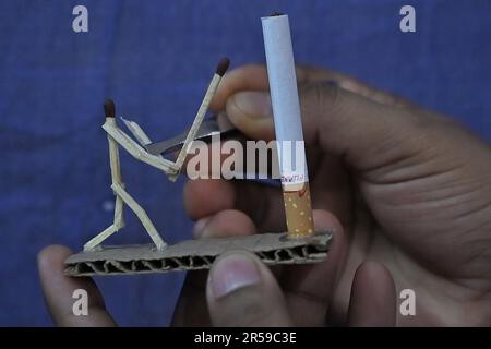 Bijoy Debnath, un artiste de 21 ans qui présente son œuvre d'art créée avec des allumettes et des cigarettes représentant un homme de allumettes tuant une cigarette avec une épée dans le cadre d'une campagne « cesser de fumer » à la veille de la « Journée mondiale sans tabac ». 31 mai est célébrée comme la Journée mondiale sans tabac pour sensibiliser à la consommation de tabac dans le monde entier. Agartala, Inde. Banque D'Images