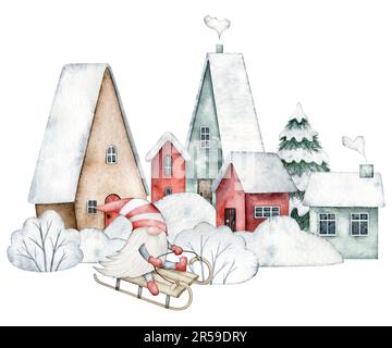 Une rue enneigée avec un joli gnome scandinave dans un chapeau rayé en traîneau, des maisons avec de la neige sur le toit et un épicéa, des buissons dans la neige, des snowdrifts Banque D'Images