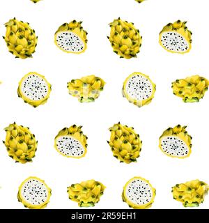 Tranches de fruits de dragon jaunes et motif pitaya entier sans couture sur fond blanc. Illustration dessinée à la main Banque D'Images