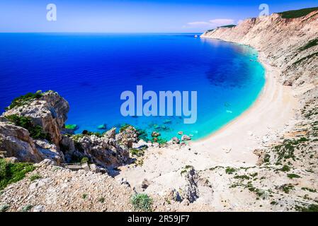 Kefalonia, Grèce. La plage sauvage de Platia Ammos, l'une des plus belles plages de l'île de Céphalonie, la mer Ionienne, le paysage grec de vacances d'été. Banque D'Images