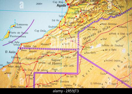 Carte Atlas des frontières contestées du Maroc et du Sahara occidental Banque D'Images