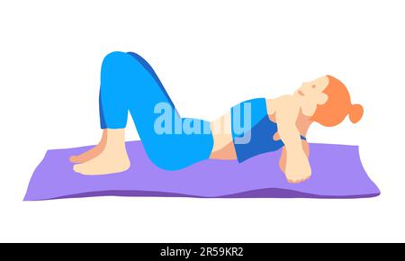 Entraînement en yoga pose de cheveux rad fille européenne en bleu tracksuit sur un tapis violet. Pilates, sport, santé. Femme, femme, femme. Illustration vectorielle dans Illustration de Vecteur